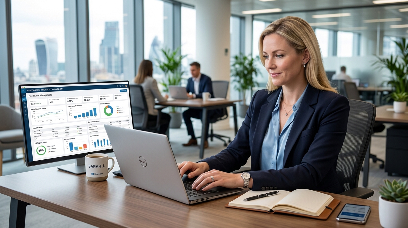 Person using Fixed Asset Management software on laptop