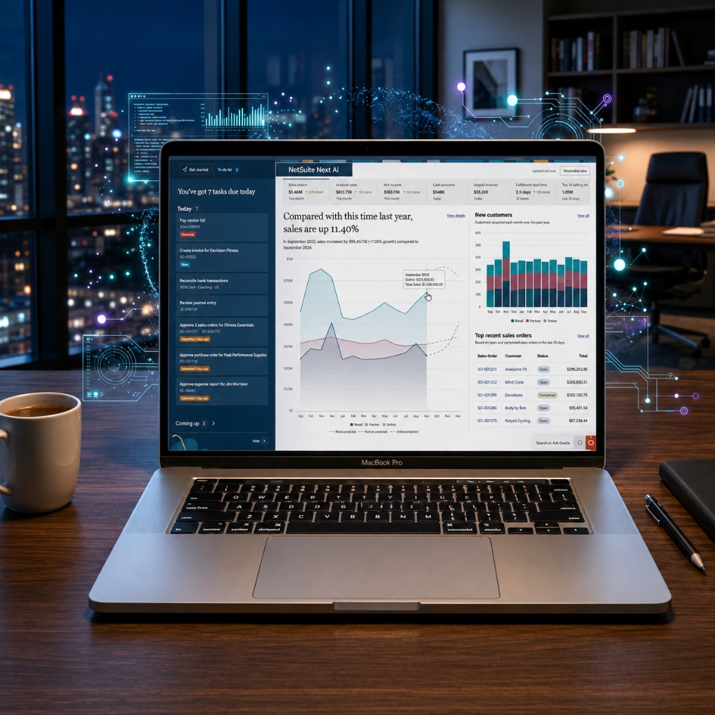 Ask Oracle AI in Action — NetSuite Next AI Dashboard on MacBook Pro on desk